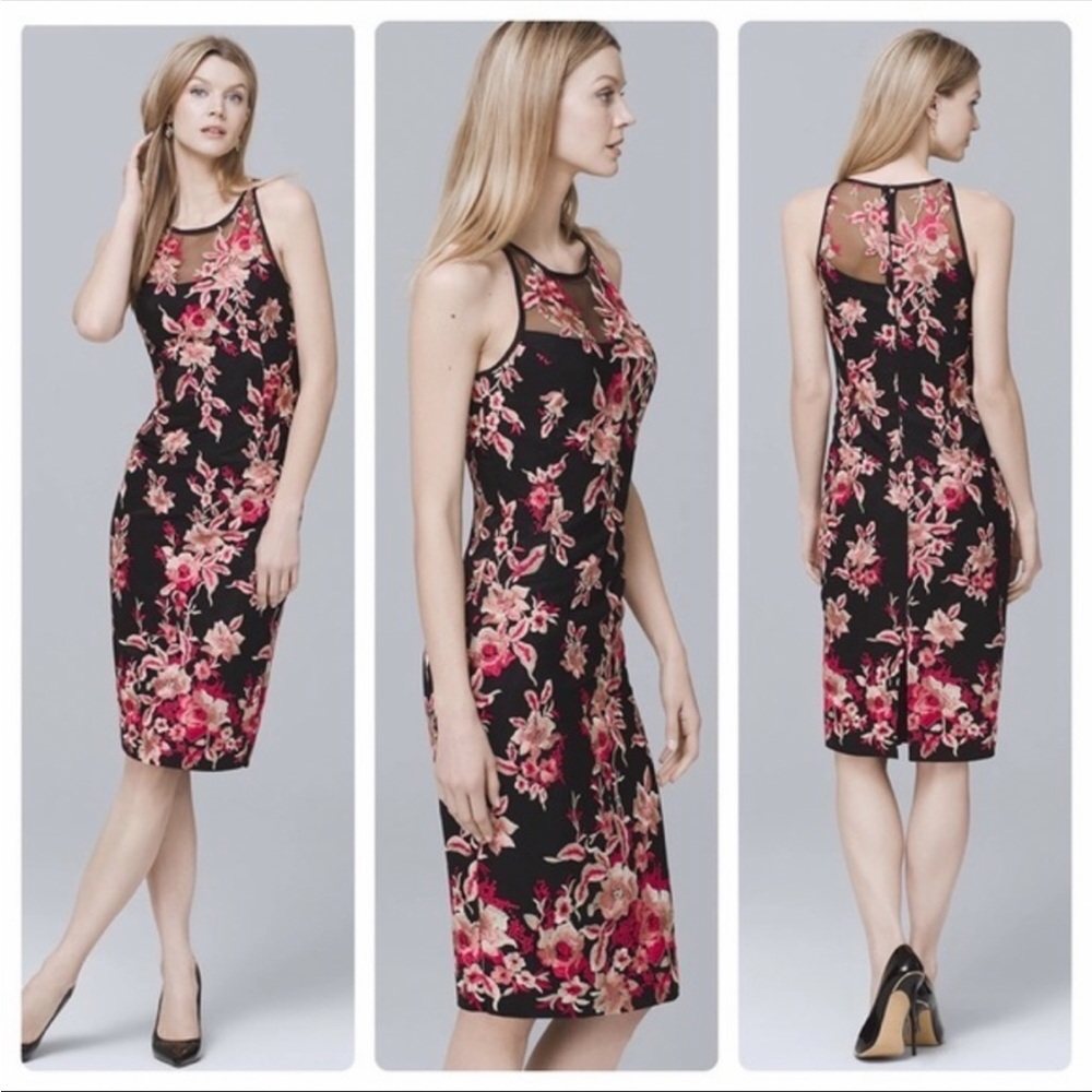 ⭐️NEW⭐️ WHBM Sleeveless Black Pink Gold Embroidered Mesh Sheath Dress - Picture 3 of 11